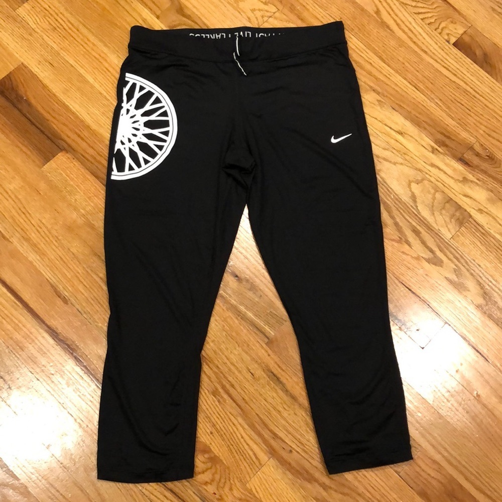 soulcycle Nike Black Cropped Leggings with White Wheel and Swoosh
